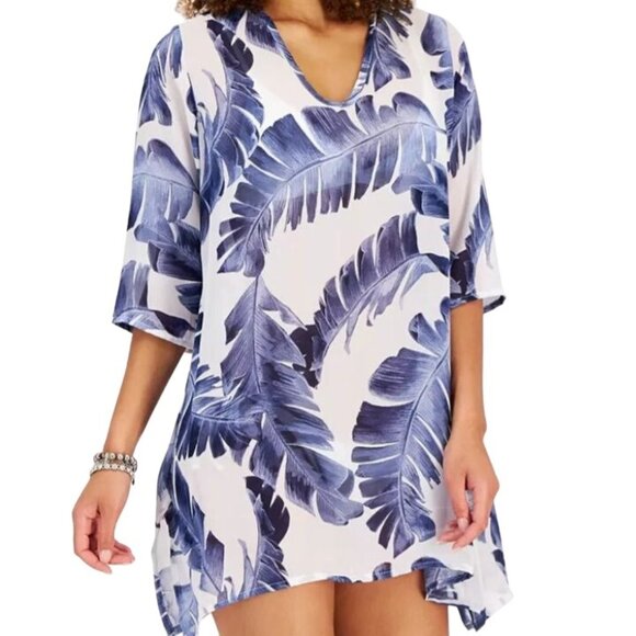NEW J Valdi Leaf Print Sharkbite Hem Swimsuit Cover Up Tunic in White/Navy, S‎ - Picture 2 of 8
